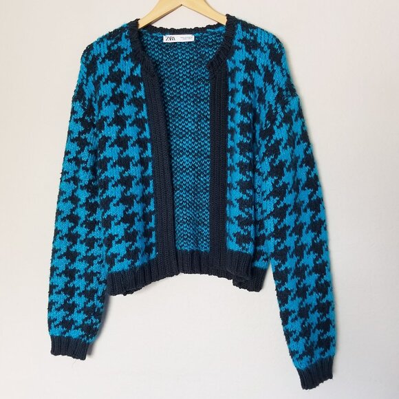 Zara‎ Houndstooth Chunky Blue Black Open Front Cardigan L Slouchy Preppy Casual - Picture 4 of 16